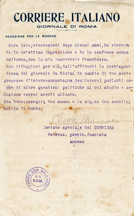 Cesare Maccari propone a Balducci la corrispondenza per il Corriere Italiano